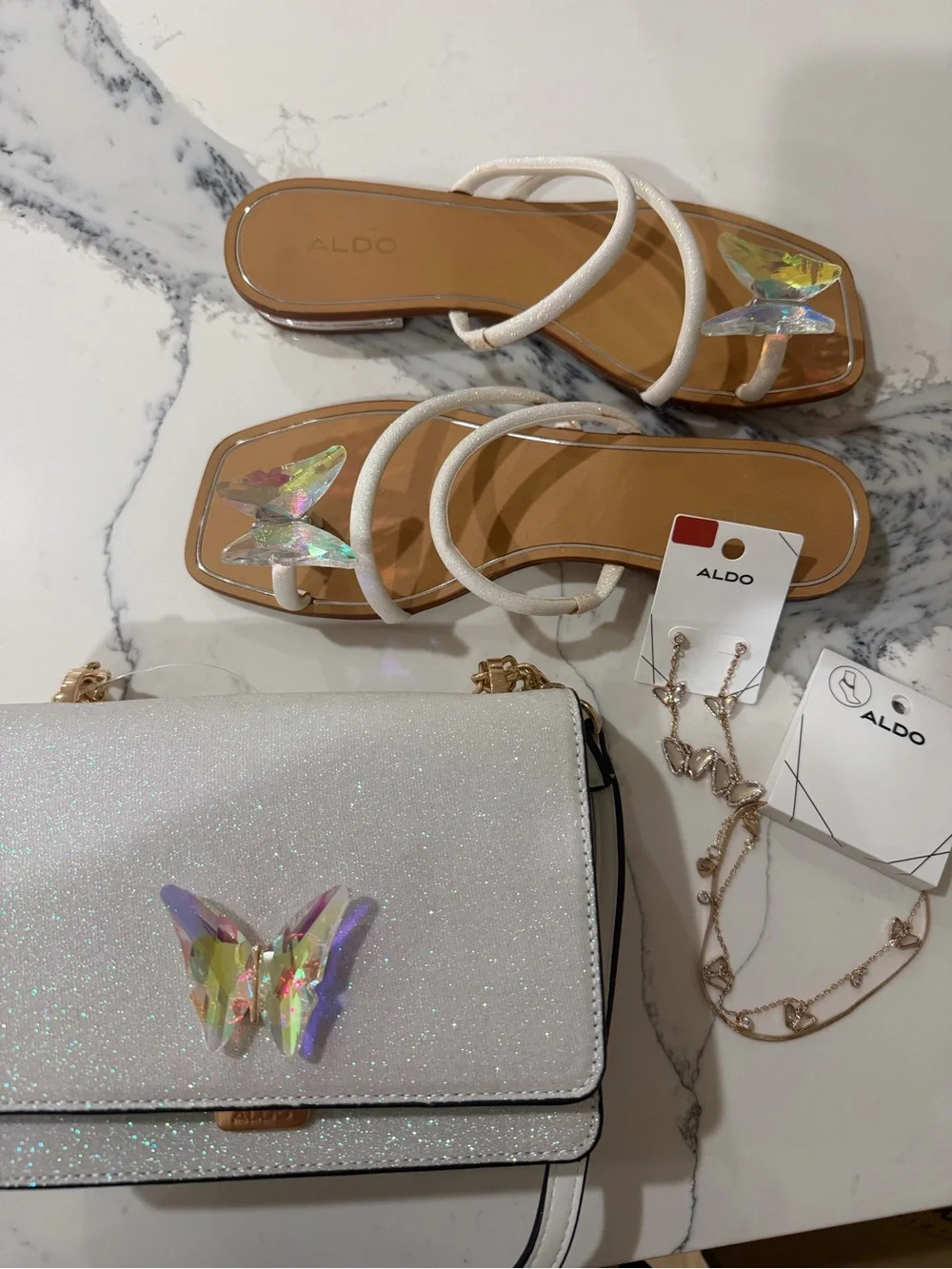 ALDO White Iridescent Butterfly Slide Sandals and Purse set